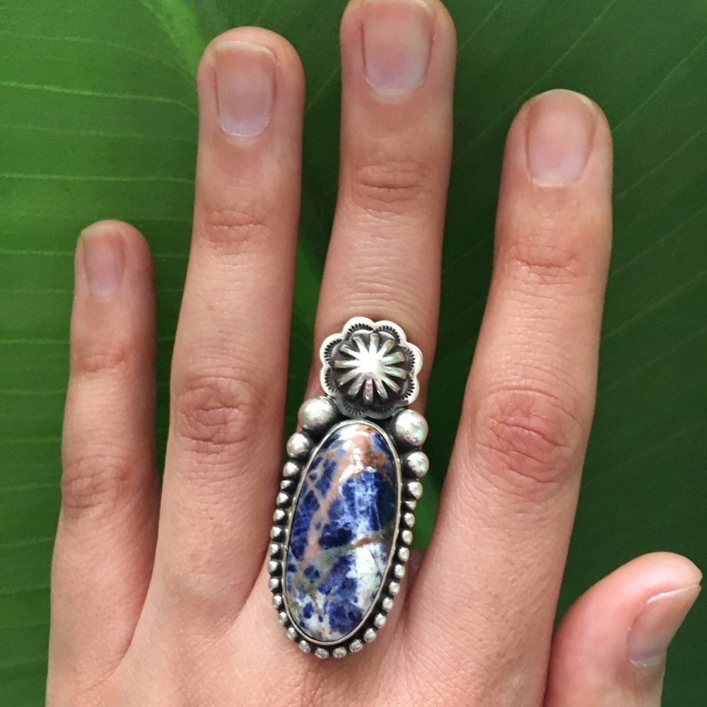 Large Sodalite Stone Ring, Sterling Silver, Boho, Southwestern, Johnny Was